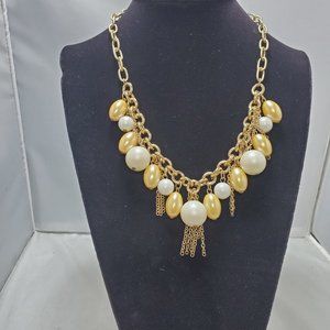 Bijou chunky bib pearl champagne chain necklace with gold fringes